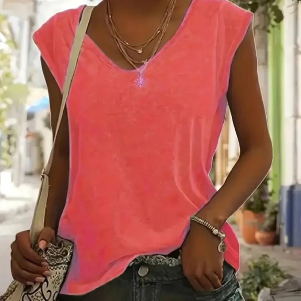 New! Watermelon Red Solid Color V Neck Top, Elegant Cap Sleeve Blouse: X-Large